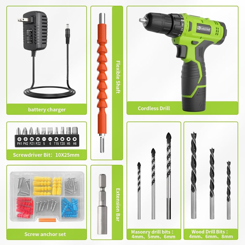 FADAKWALT Cordless Drill Set,12V Power Drill Set with Battery and Charger, Electric Driver/Drill Bits, 3/8'' Keyless Chuck,21+1 Torque Setting, 180 inch-lbs, with LED Electric Drill Set (Green) - Image 4